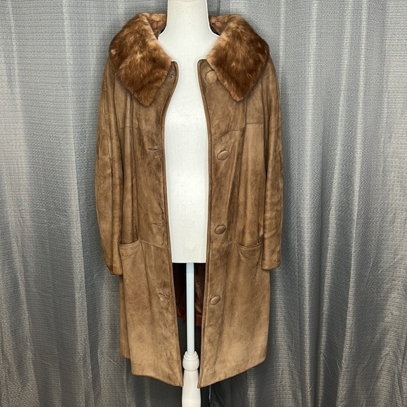 VINTAGE SUEDE WOMENS LONG JACKET WITH FUR NECKLINE SIZE MEDIUM - Picture 3 of 11